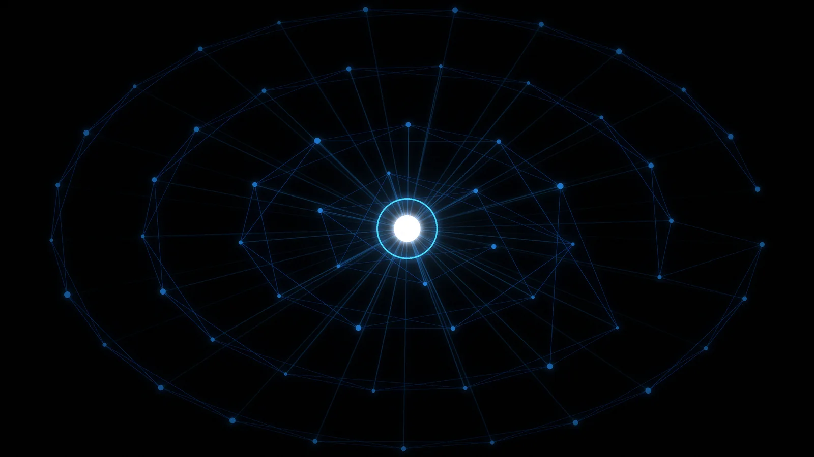 Un nodo di luce blu al centro di una rete di connessioni su fondo nero