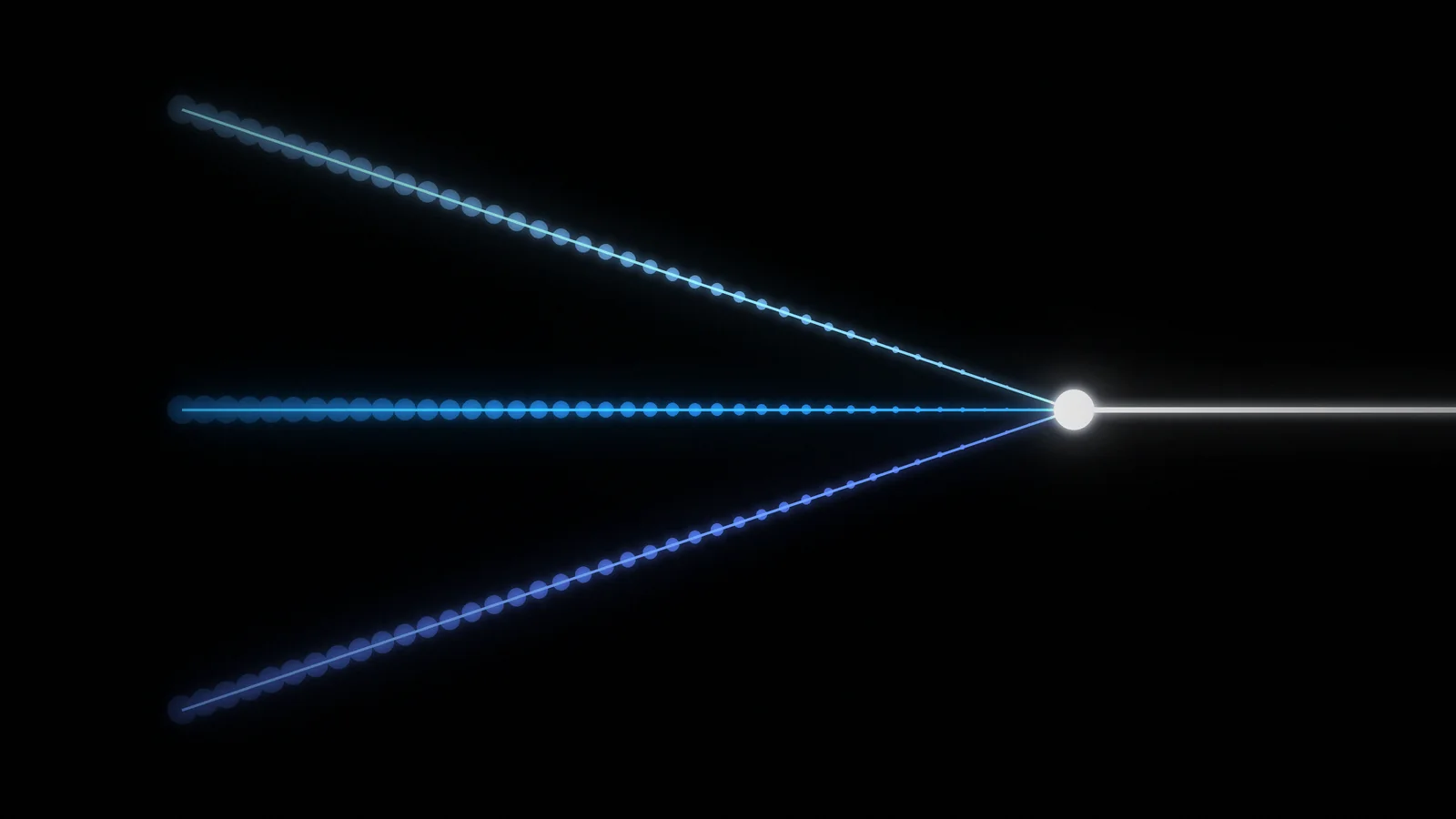 Tre fasci di luce blu che convergono in un unico punto su fondo nero