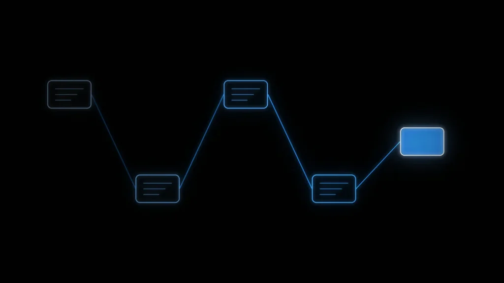 Linee di un flusso di lavoro che prendono forma luminosa su fondo nero