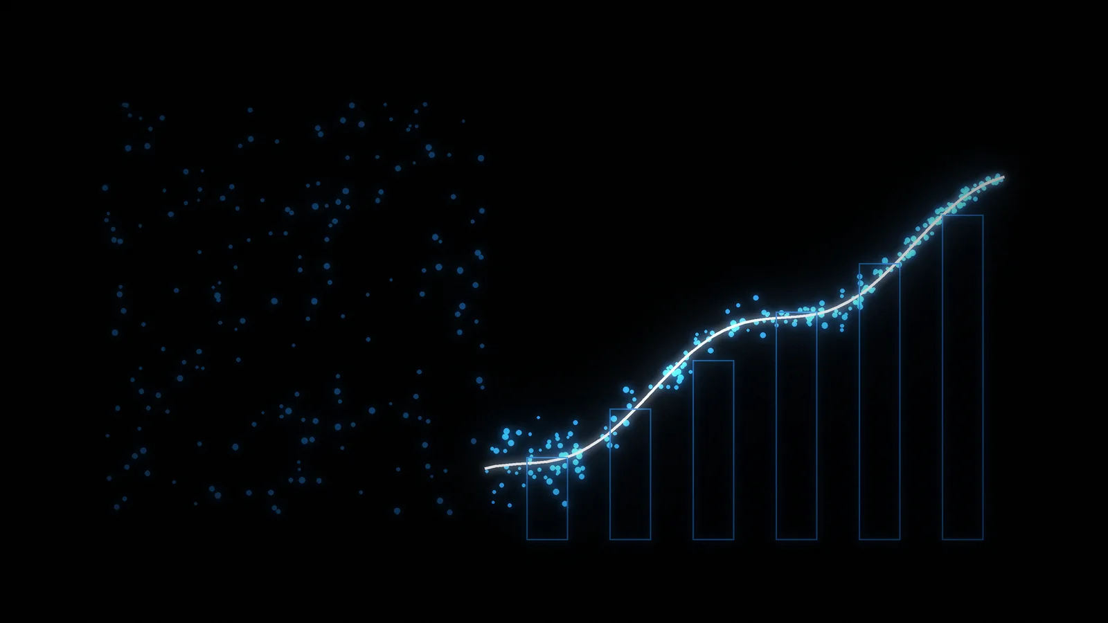 Punti luminosi sparsi che si ordinano in un grafico blu su fondo nero