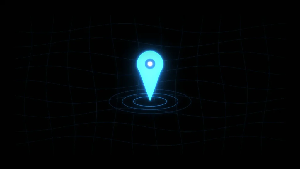 Una mappa stilizzata con un segnaposto blu luminoso al centro su fondo nero