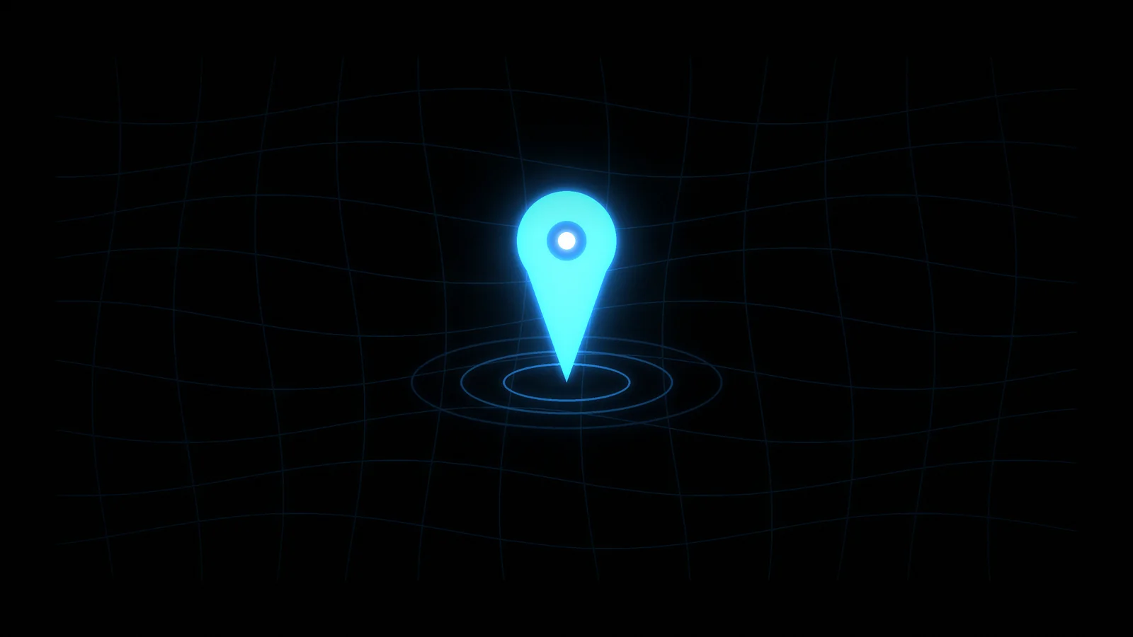 Una mappa stilizzata con un segnaposto blu luminoso al centro su fondo nero