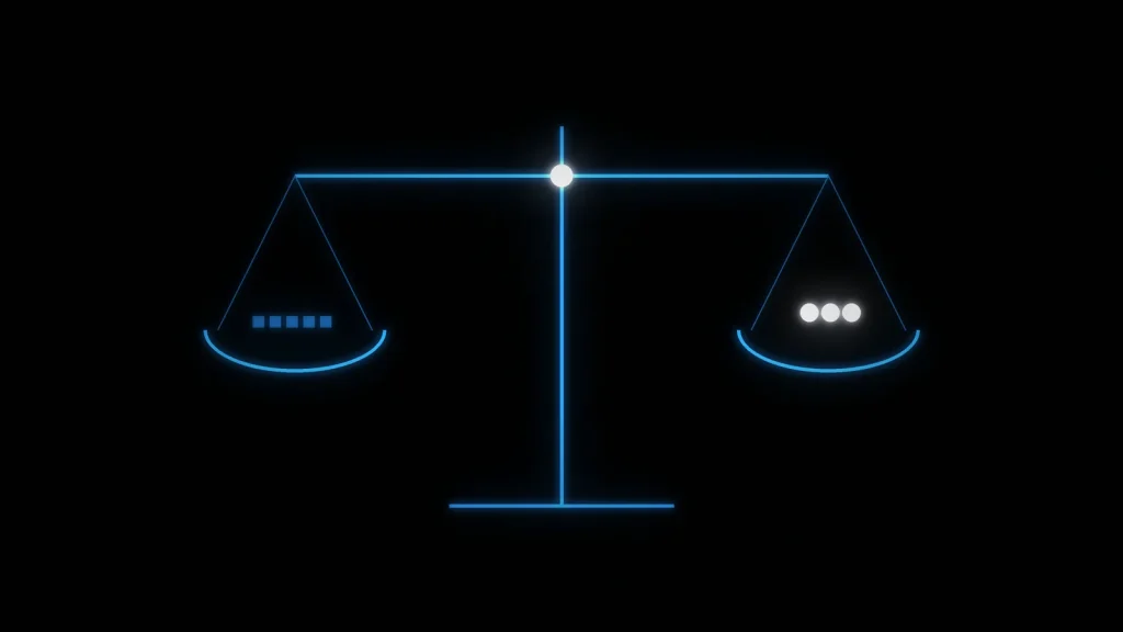 Una bilancia stilizzata di linee blu in equilibrio su fondo nero