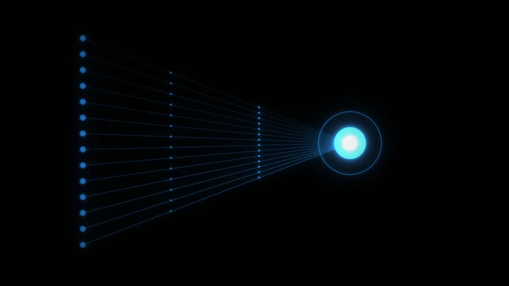Una fila di punti luminosi che si collegano a un punto centrale più grande su fondo nero