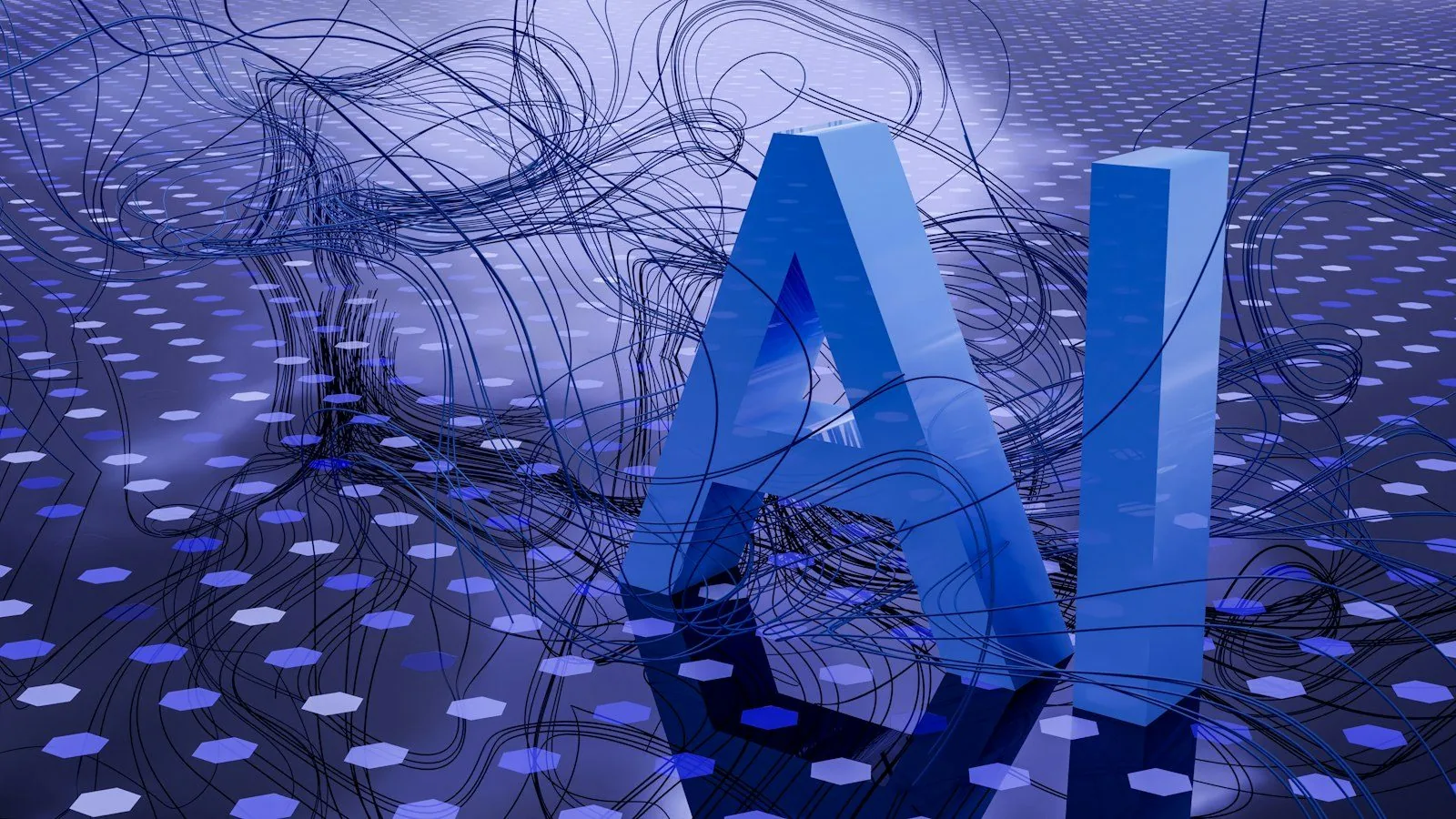 Lettere AI tridimensionali su una rete luminosa